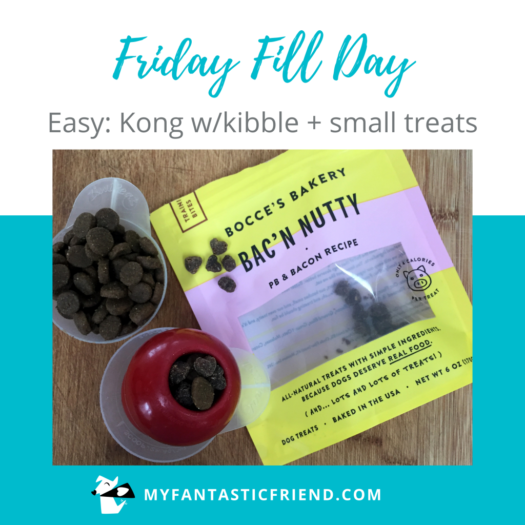 Food puzzles — Kong with kibble and small treats.