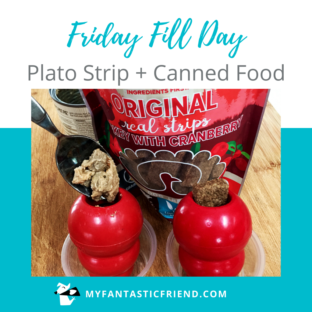 Food puzzles — A spoonful of canned dog food being put into a kong, and another already filled with canned food with a Plato treat strip tucked into the kong.